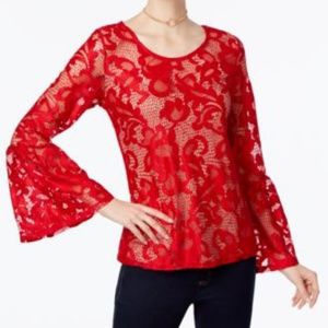 NEW MACY'S LACE BELL SLEEVE TOP REAL RED LOT404